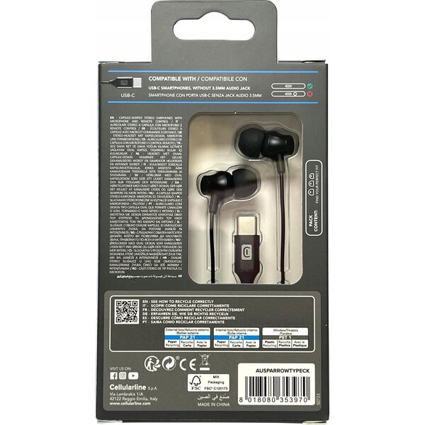 Słuchawki Cellular Line Cellularline USB-C In Ear Kopfhörer mit Mikrofon Schwarz