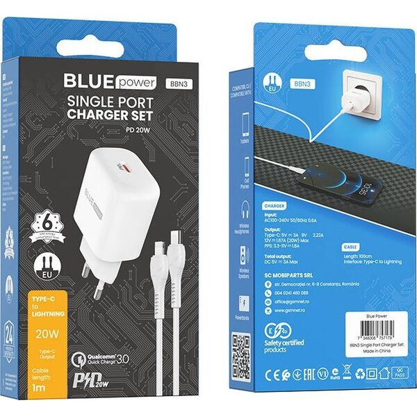 Ładowarka Blue Power BLUE POWER ŁADOWARKA SIECIOWA BBN3 QC 20W + KABEL LIGHTNING BIAŁY