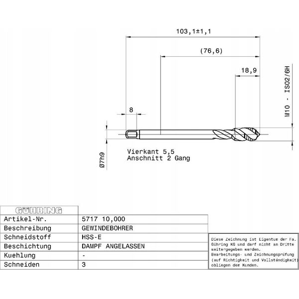 Ghring Machine tap for blind holes GUHRING HSS-E 5717 M10 x 1.5