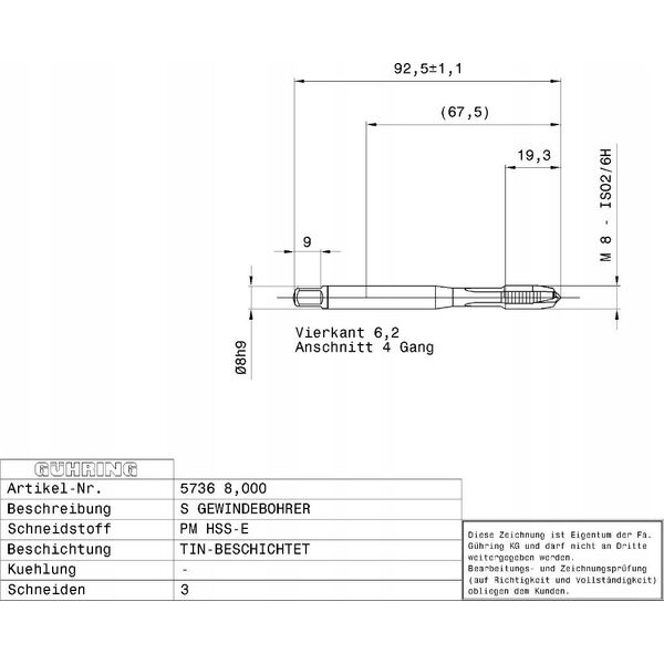 Ghring Machine tap HSS-E-PM TiN GUHRING M20 x 2.5
