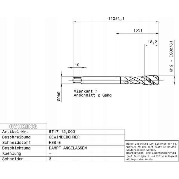Ghring Machine tap for blind holes GUHRING HSS-E 5717 M12 x 1.75
