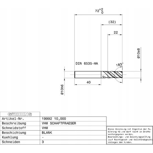 Ghring Carbide milling cutter GUHRING ALU 19992 12.0 mm