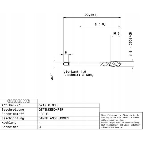 Ghring Machine tap for blind holes GUHRING HSS-E 5717 M8 x 1.25