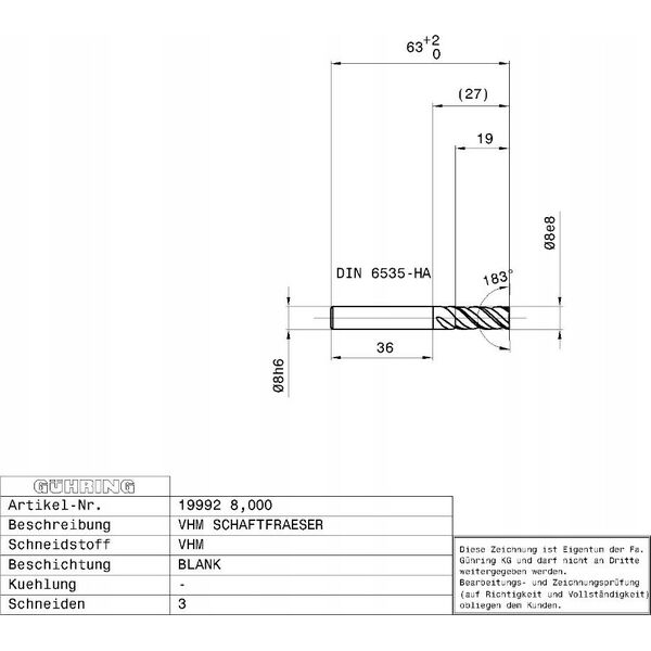 Ghring Carbide cutter GUHRING ALU 19992 8.0 mm