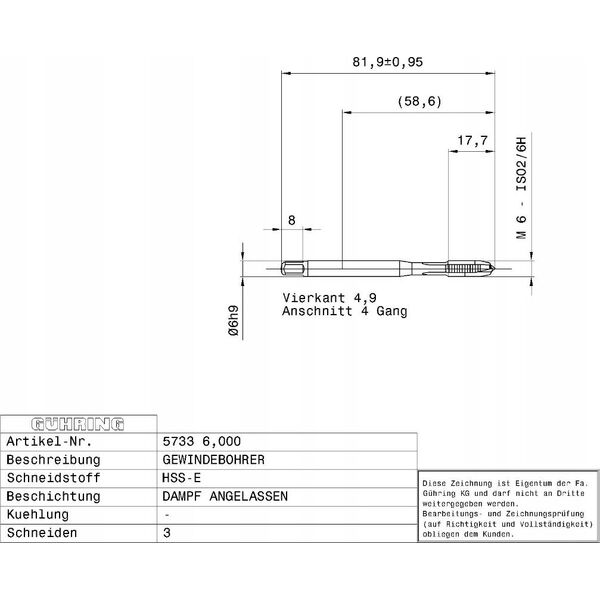 Ghring HSS-E machine tap for through holes GUHRING M6 x 1.0