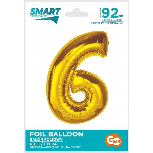 GoDan Balon foliowy Smart cyfra 6 złota 92cm
