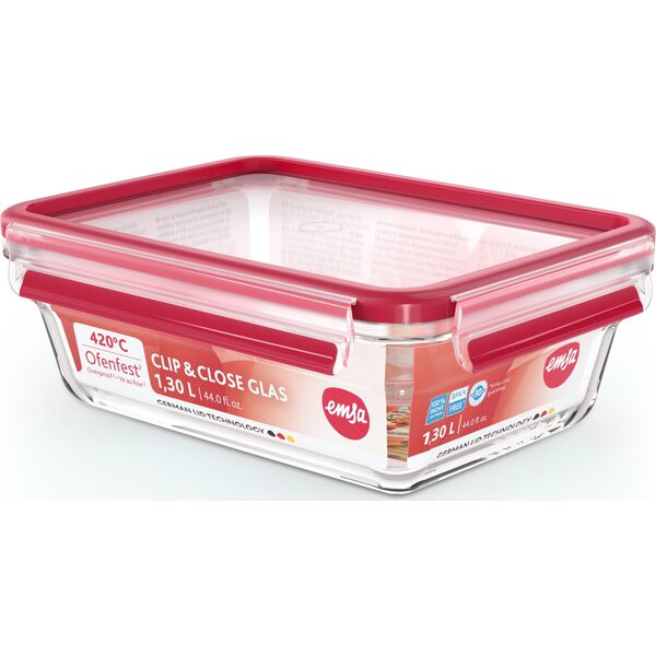 Emsa Emsa Clip&Close Glass Food Container 1,3 L  red