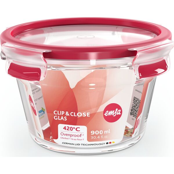 Emsa Emsa Clip&Close Glass Food Container 900 ml red