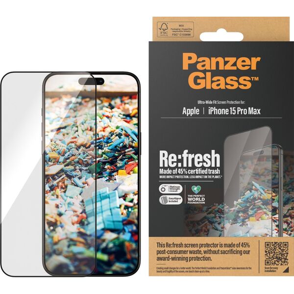 PanzerGlass PanzerGlass ™ Re:fresh Screen Protector iPhone 15 Pro Max | Ultra-Wide Fit w. EasyAligner, Apple, Apple - iPhone 15 Pro Max, Dry application, Shock resistant, Transparent, 1 pc(s)