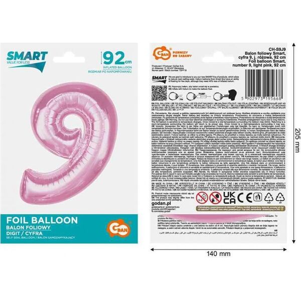 GoDan Balon foliowy cyfra 9 jasnoróżowa Smart 92cm