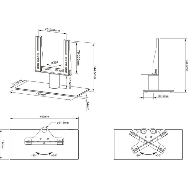 MultiBrackets Multibrackets M VESA Tablestand Turn Black X Small MAX 200x200, 61 cm (24"), 81.3 cm (32"), 100 x 100 mm, 200 x 200 mm, -30 - 30°, Black