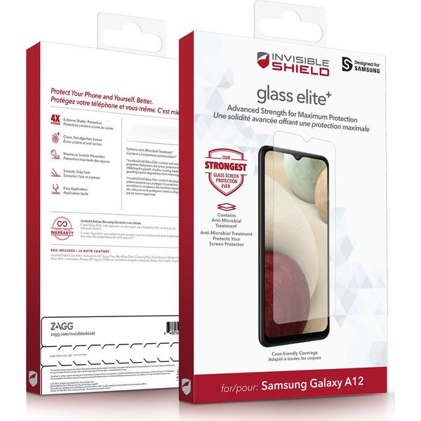 Zagg InvisibleShield Glass Elite+ Samsung Galaxy A12 Case Friendly Screen, Samsung, Galaxy A12, Dust resistant, Impact resistant, Scratch resistant, Transparent, 1 pc(s)