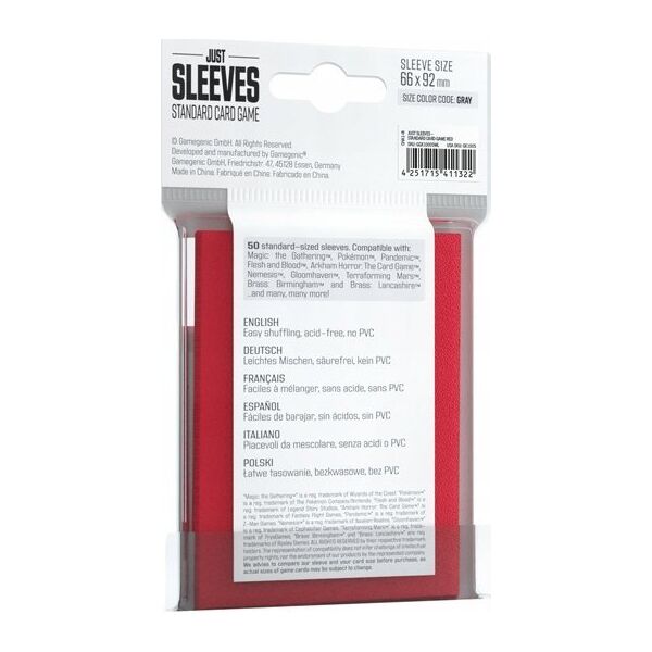 Gamegenic Gamegenic: Just Sleeves - Standard Card Game Sleeves (66x91 mm), Czerwone, 50 sztuk