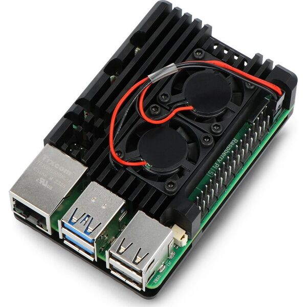 JustPi Obudowa justPi do Raspberry Pi 5 z dwoma wentylatorami - aluminiowa - czarna}