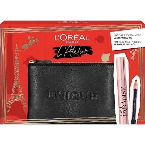L OREAL Atelier Kit Set L'Oreal Paris: Lash Paradise, Volumizing & Lengthening, Mascara, Extra Black, 6.4 ml + Paradise, Kajal Eye Pencil, 1.2 g + Makeup Bag, Black For Women