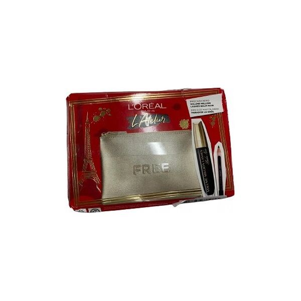 L OREAL Atelier Kit Set L'Oreal Paris: Volume Million Lashes, Volumizing & Lengthening, Mascara, Black, 8.9 ml + Paradise, Kajal Eye Pencil, 1.2 g + Makeup Bag, Gold For Women