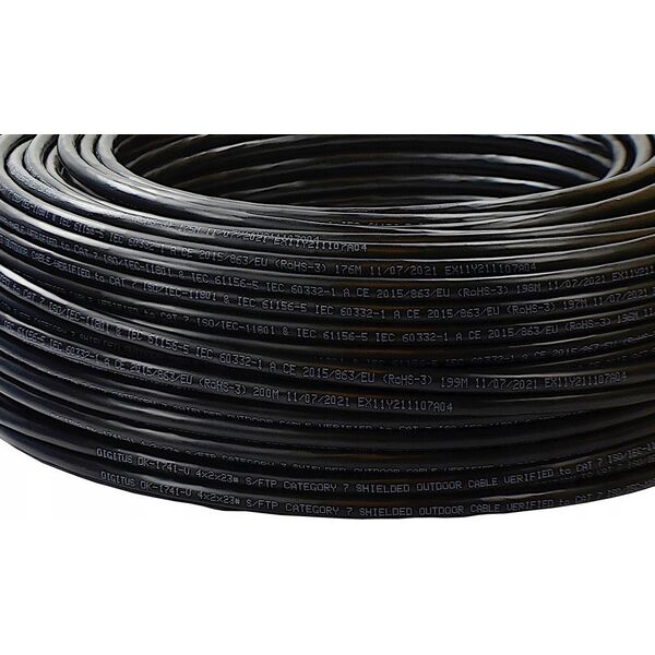 Digitus Kabel instalacyjny zewnętrzny suchy DIGITUS kat.7,S/FTP, Fca, AWG 23/1, PE, 500m, czarny, szpula