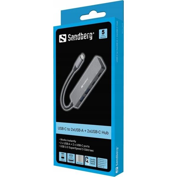 HUB USB Sandberg Sandberg 136-50 huby i koncentratory USB Type-C 5000 Mbit/s Szary