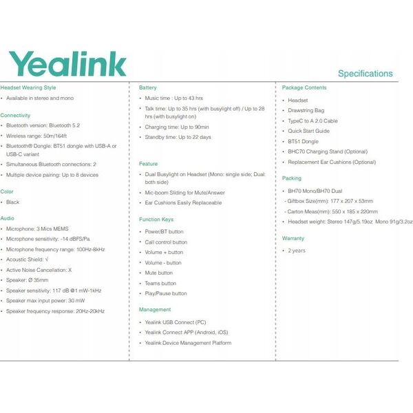 Słuchawki Yealink Słuchawki bezprzewodowe Yealink BH70 Bluetooth Mono Teams, moduł USB