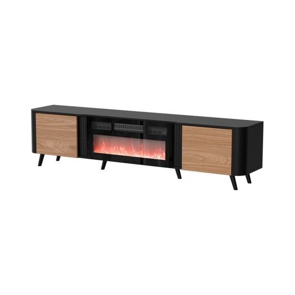 Cama Meble Szafka RTV VOLARE 200x39x49 czarny/orzech + kominek