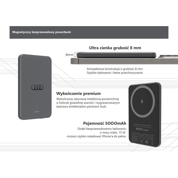Powerbank Audi Audi Induction Powerbank 15W 5000mAh gray/gray Big Logo MagSafe AU-MWPB5000-GT/D1-GY