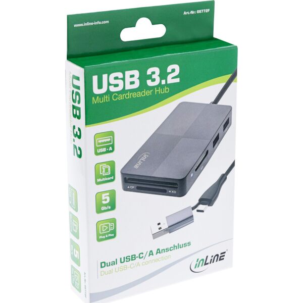Czytnik InLine InLine® USB 3.2 Multi Cardreader Hub, SD/TF/MS/XD/CF, 3-port USB-A, Dual