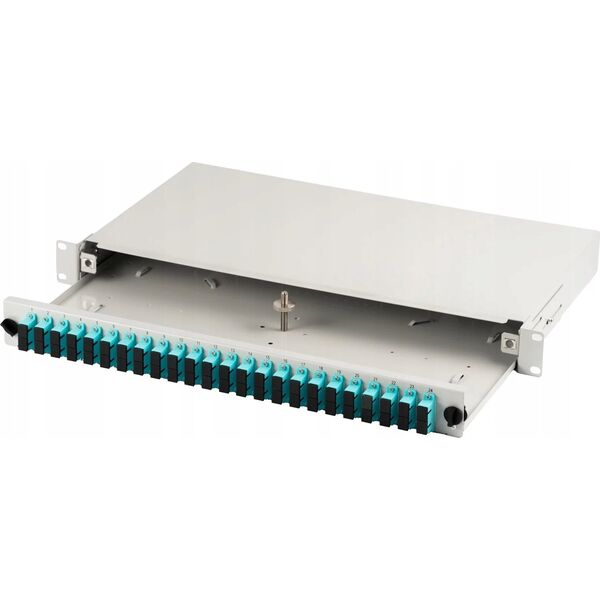 Panel krosowy FO z wyposażeniem 19'' 1U, 24x SC dx, OM3, adaptery, wysuwany, szary