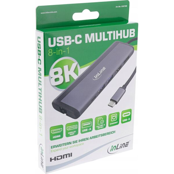 InLine InLine® 8-in-1 USB-C Multihub Dockingstation, HDMI, DisplayPort, USB 3.2, PD 3.0 100W, MST