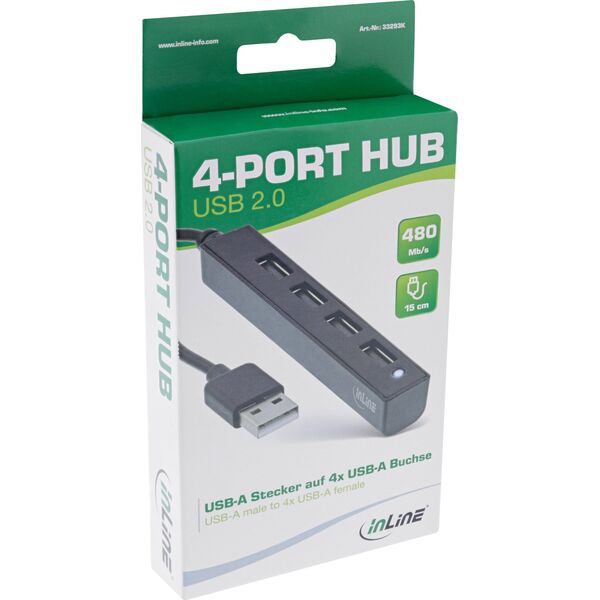 InLine InLine® USB 2.0 HUB, 4 port, USB-A male to 4x USB-A female, black, 15cm, slim design