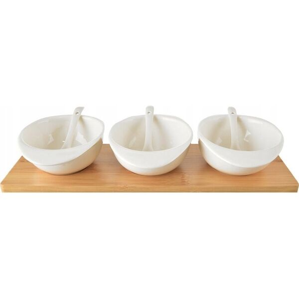 Orion Miseczki na przekąski z łyżeczkami porcelanowe białe na tacy WHITELINE 32 cm 7 el.