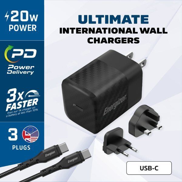 Ładowarka Energizer Energizer Ultimate - Ładowarka sieciowa Multiplug EU / UK / US GaN 20W PD + kabel USB-C (Czarny)