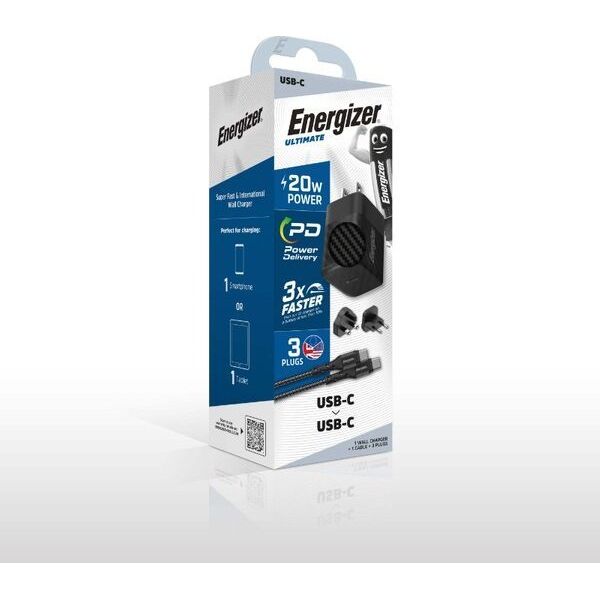 Ładowarka Energizer Energizer Ultimate - Ładowarka sieciowa Multiplug EU / UK / US GaN 20W PD + kabel USB-C (Czarny)
