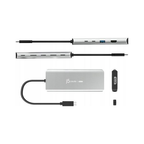 HUB USB j5create j5create JCD401 USB4™ Dual 4K Multi-Port Hub, Silver, Wired, USB 3.2 Gen 2 (3.1 Gen 2) Type-C, 85 W, Silver, 10 Gbit/s, 4K Ultra HD