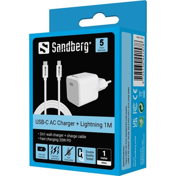 Ładowarka Sandberg USB-C AC Charger +Lightning 1M