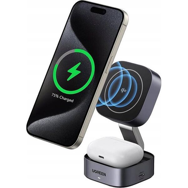Ładowarka Ugreen Ładowarka indukcyjna Qi 2w1 UGREEN W702 iPhone, AirPods, 15W szara
