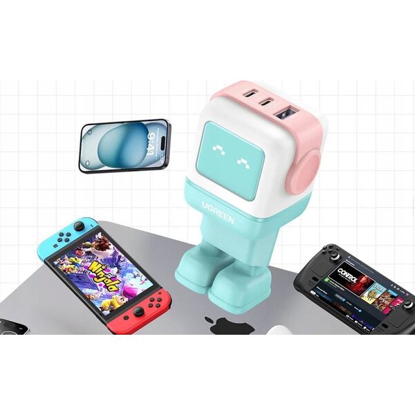 Ładowarka Ugreen Ładowarka sieciowa Ugreen Nexode RG (Robot GaN), 2x USB-C + USB, 65W (różowo - niebieska)