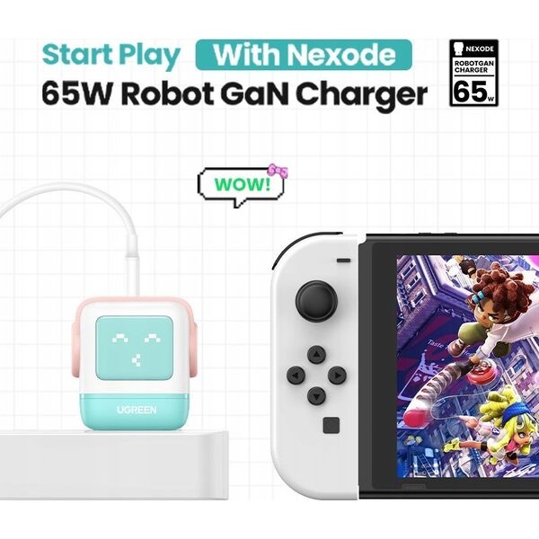 Ładowarka Ugreen Ładowarka sieciowa Ugreen Nexode RG (Robot GaN), 2x USB-C + USB, 65W (różowo - niebieska)