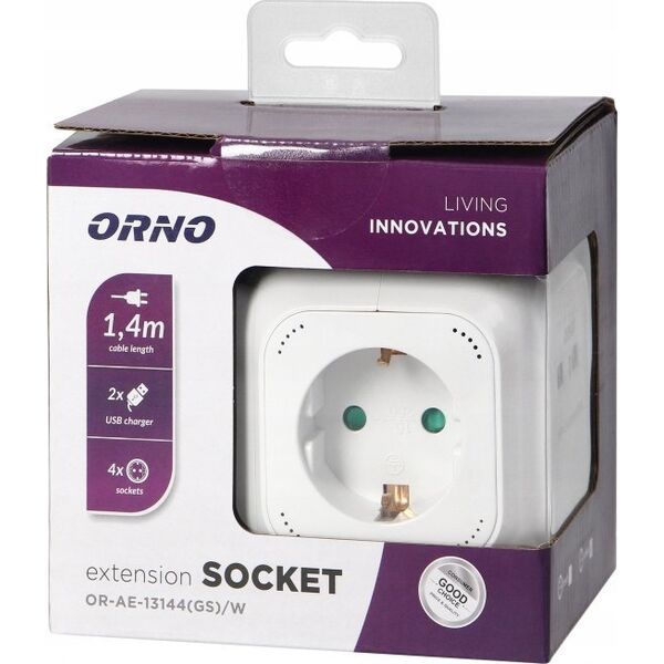 Orno ORNO FRONT CUB 4x2P+Z, 2xUSB, 1.4M, WHITE