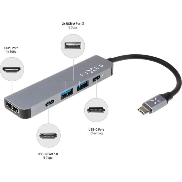 HUB USB Fixed Fixed | 5-port USB-C HUB Mini for laptops and tablets | FIXHU-MN-GR | Gray