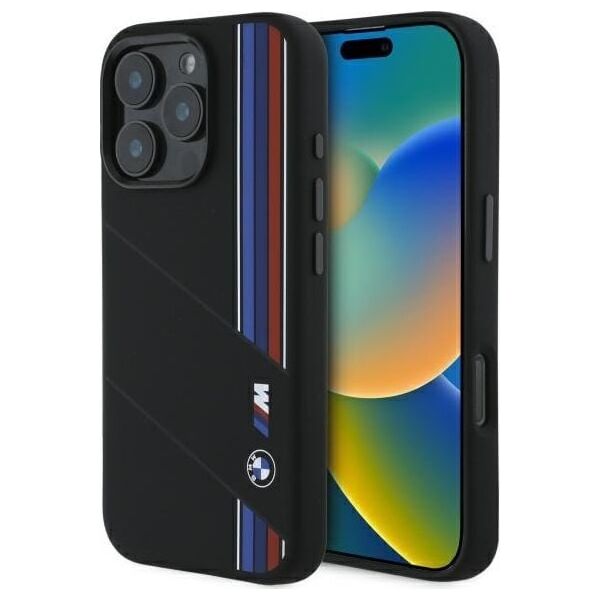 BMW BMW BMHMP16X23SCUK iPhone 16 Pro Max      6.9" czarny/black hardcase Silicone Cut Tricolor Lines MagSafe