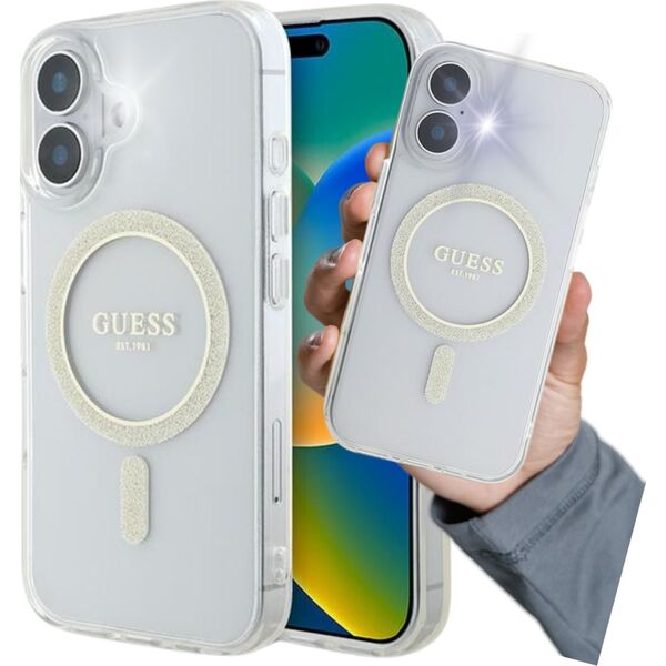 Guess Guess GUHMP16MHFGERET iPhone 16 Plus 6.7" transparent hardcase IML Glitter Circle MagSafe