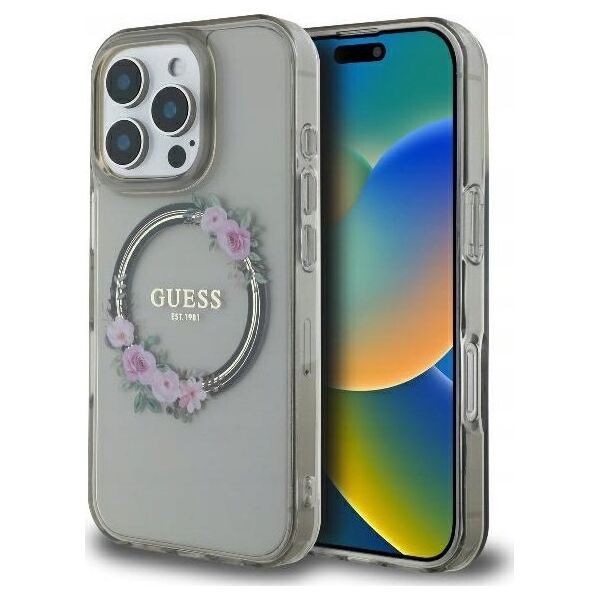 Guess Guess GUHMP16XHFWFCK iPhone 16 Pro Max 6.9" black/black hardcase IML Flowers Wreath MagSafe