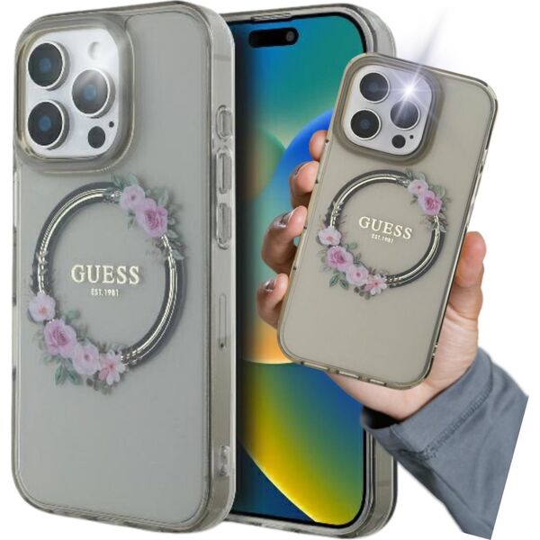 Guess Guess GUHMP16XHFWFCK iPhone 16 Pro Max 6.9" black/black hardcase IML Flowers Wreath MagSafe
