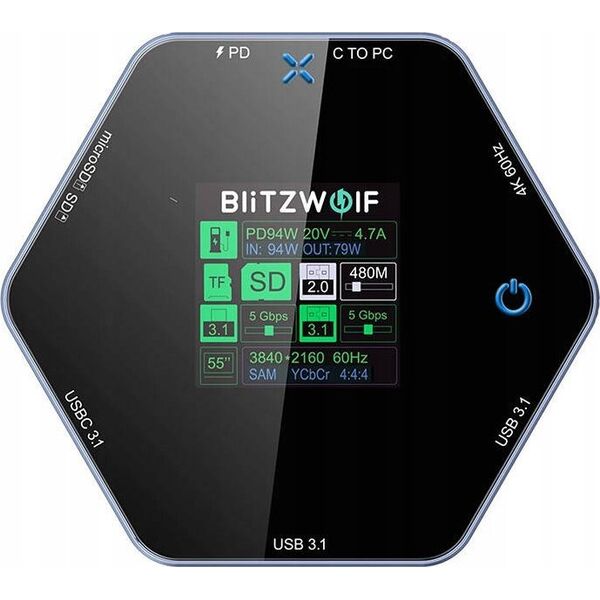 Stacja/replikator Blitzwolf Stacja dokująca 8w1 Blitzwolf BW-TH16 USB 100W LCD Smart Display USB-C 3.1, 2xUSB-A 3.1, USB-C PD 100W, HDMI 4K60hz, TF/SD 3.0, HD 4K@60hz