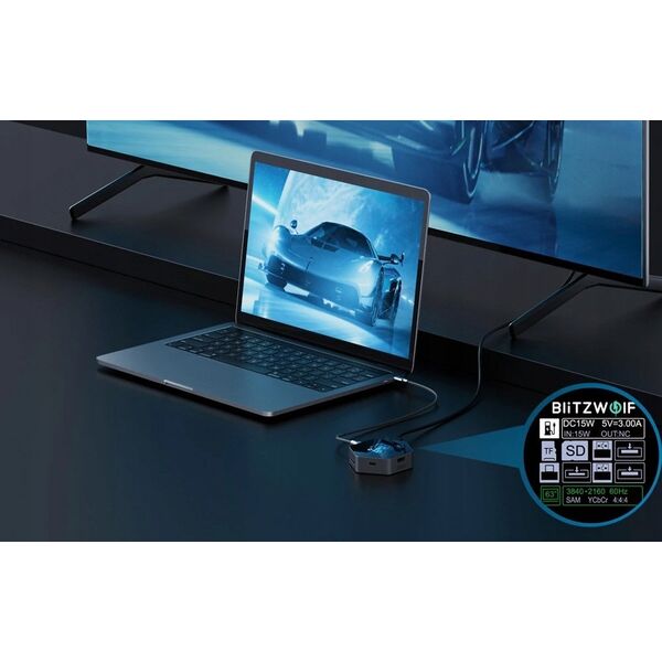 Stacja/replikator Blitzwolf Stacja dokująca 8w1 Blitzwolf BW-TH16 USB 100W LCD Smart Display USB-C 3.1, 2xUSB-A 3.1, USB-C PD 100W, HDMI 4K60hz, TF/SD 3.0, HD 4K@60hz