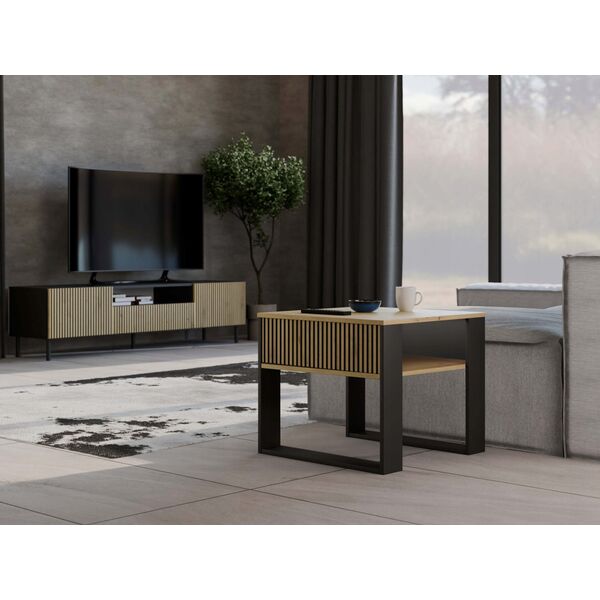 Topeshop STOLIK KAWOWY ŁAWA MODERN MINI 2P SLIM DĄB ARTISAN CZERŃ LAMELE