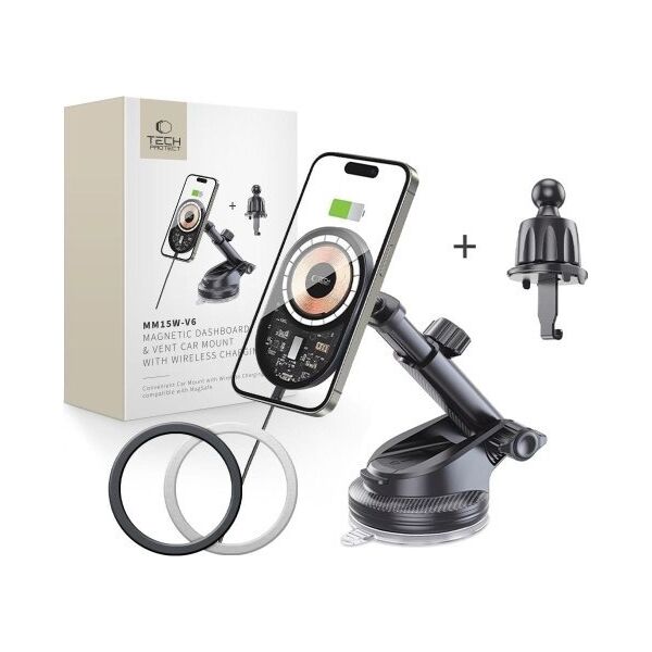 Ładowarka Tech-Protect TECH-PROTECT MM15W-V6 MAGNETIC MAGSAFE DASHBOARD & VENT CAR MOUNT WIRELESS CHARGER 15W BLACK
