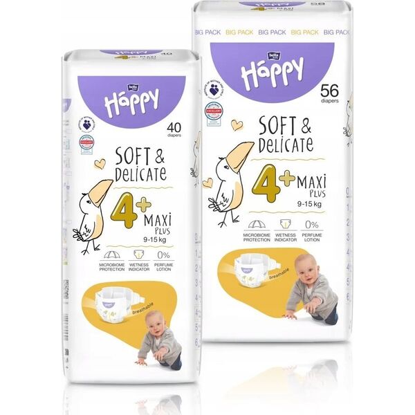Happy Pieluchy HAPPY Maxi Plus (9-15kg) diapers 56pcs, size 4+ NEW, BB-054-LX56-W01