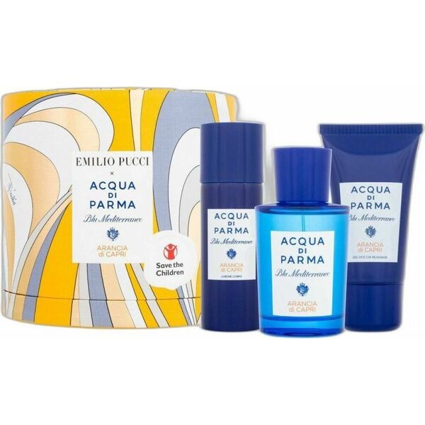 Acqua Di Parma Set Acqua di Parma: Blu Mediterraneo Arancia di Capri, Eau De Toilette, Unisex, 75 ml + Blu Mediterraneo Arancia di Capri, Body Lotion, All Over The Body, 50 ml + Blu Mediterraneo Arancia di Capri, Cleansing, Shower Gel, For All Skin Types