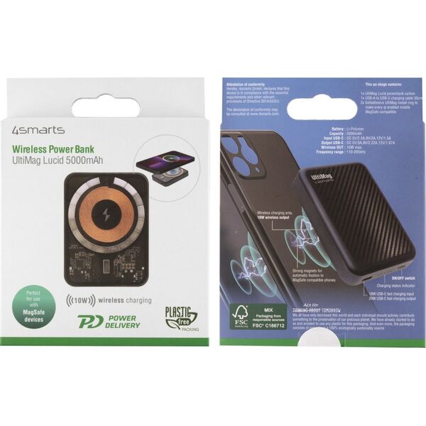 4smarts 4smarts UltiMag, 5000 mAh, Lithium Polymer (LiPo), Adaptive Fast Charging, Quick Charge 3.0, Wireless charging, Carbon